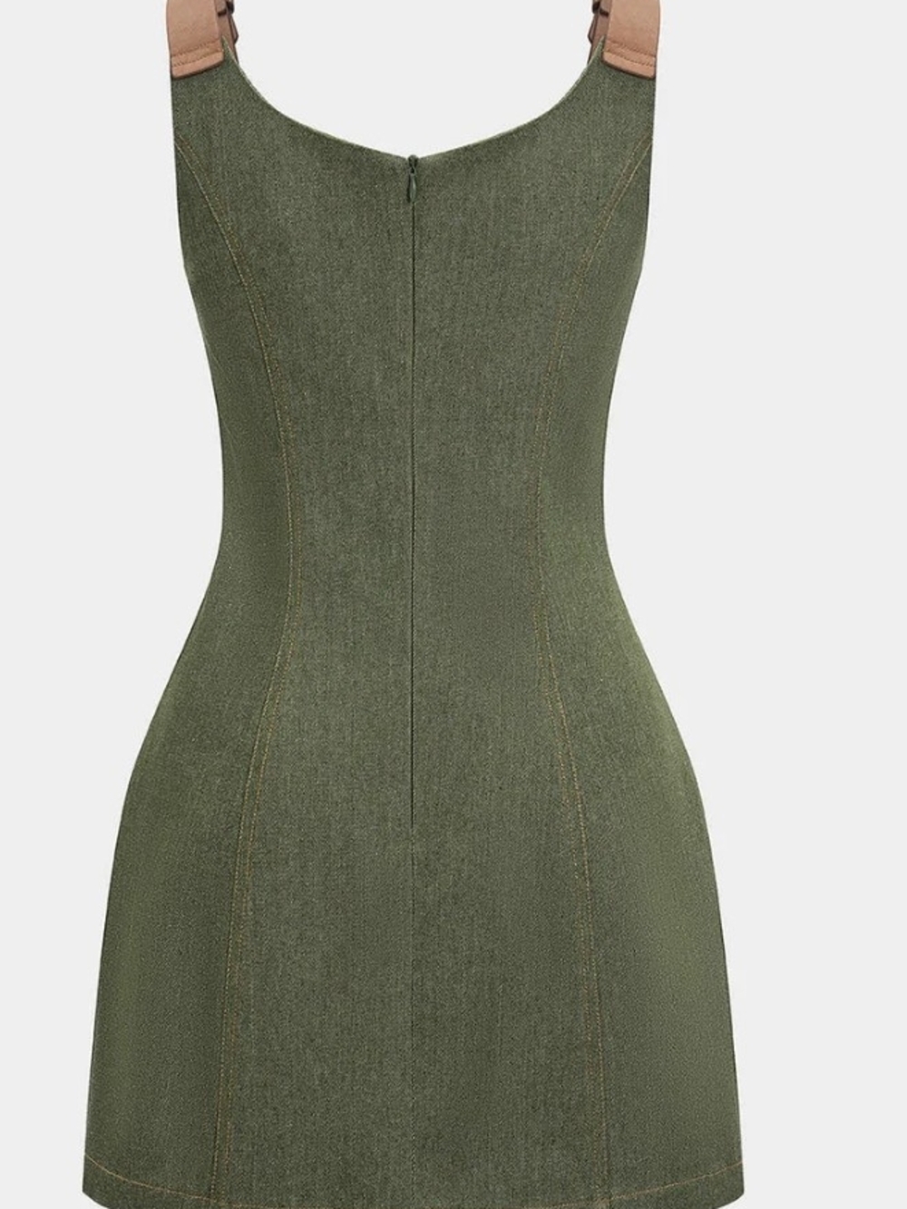 Fitted Olive Green Mini Dress with Tan Strap Accents - Picture 2 of 3